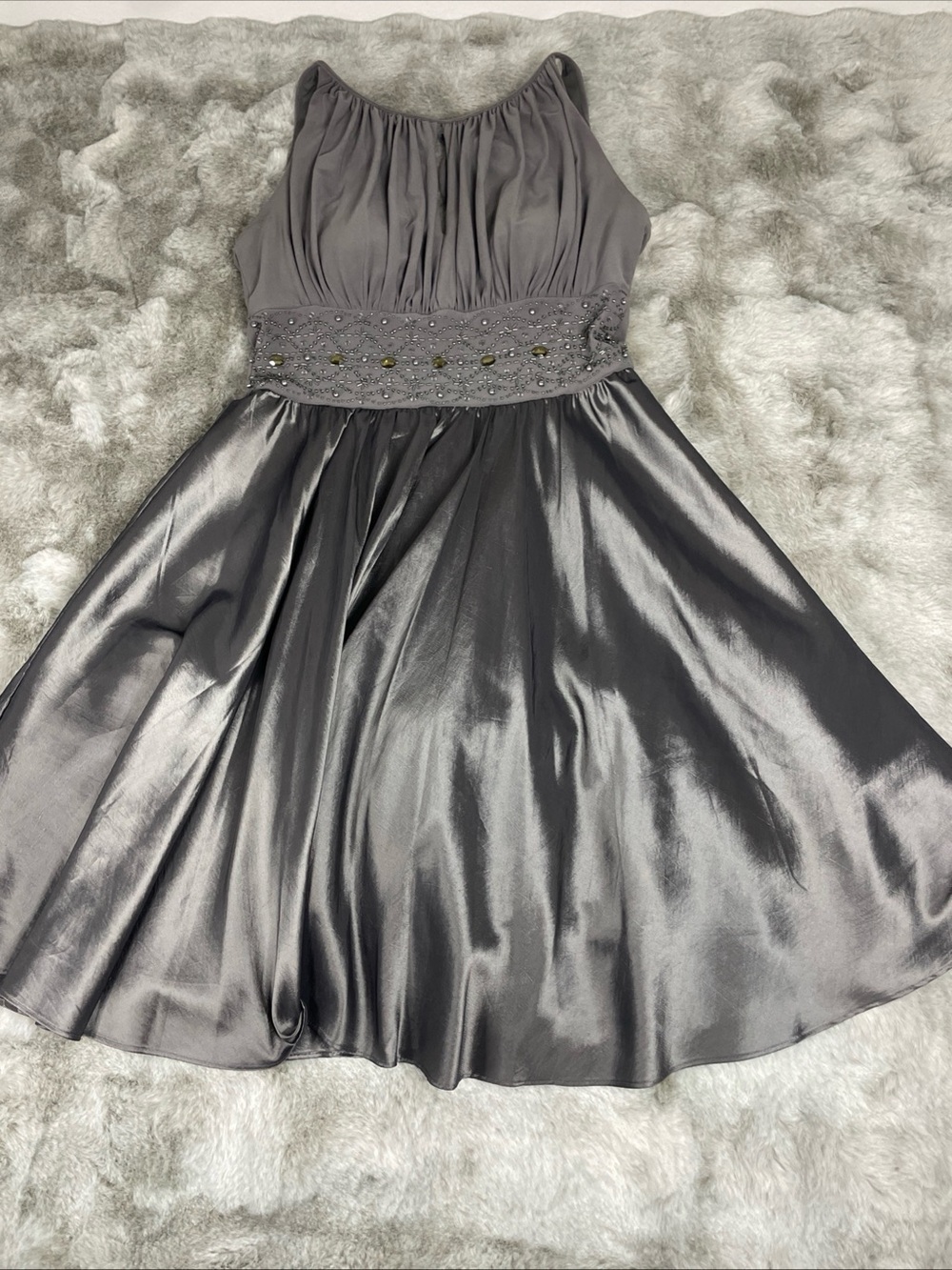 Jessica Howard Gray Satin A-Line Dress with Beaded Waist-0215